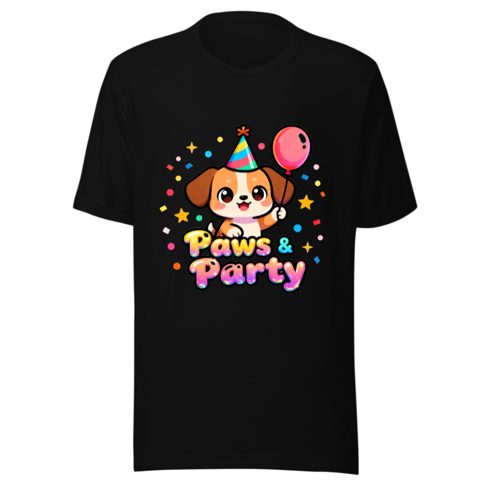 Unisex Paws & Party T-Shirt - Cute Dog with Balloon & Hat, Colorful Party Design