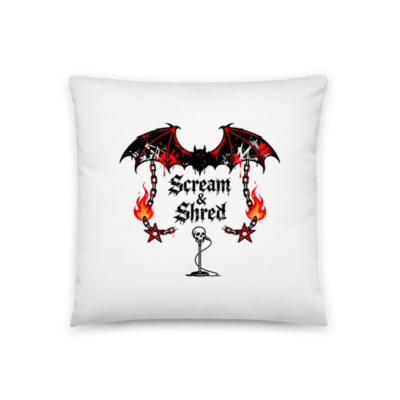 Scream & Shred Bat Wing Pillow 18"x18" - Gothic Horror Decor, Black Red Wings & Skull Microphone Design
