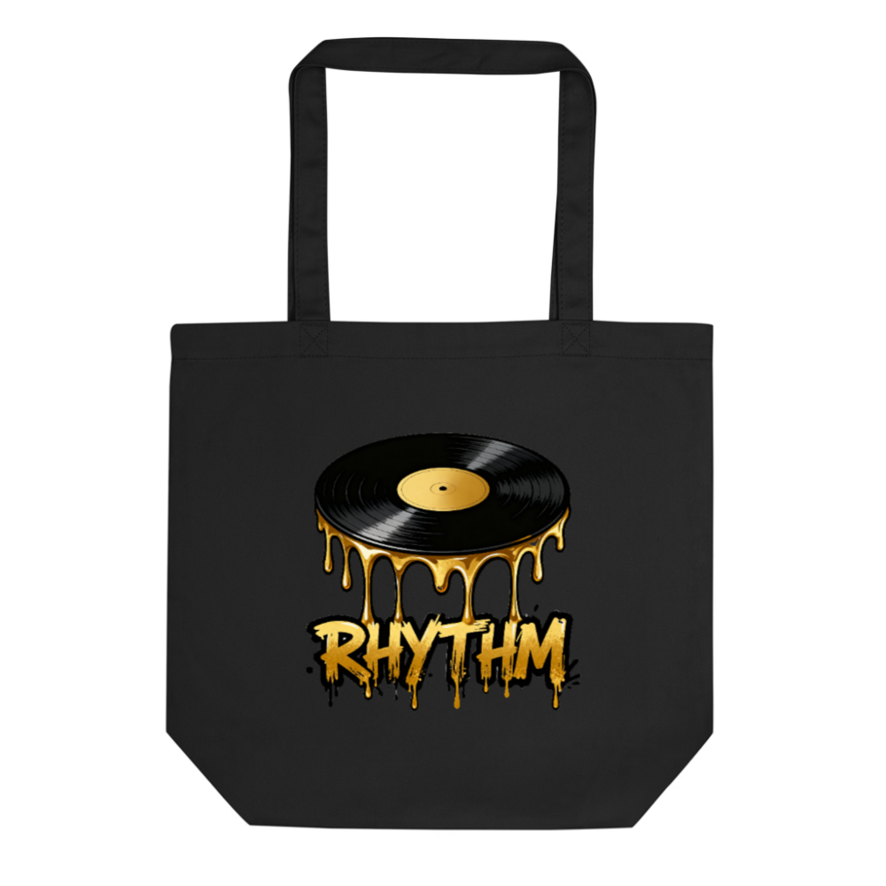 Eco Black Tote Bag | Vinyl Record Rhythm Design, Sustainable & Stylish