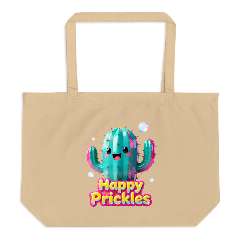 Large Organic Tote Bag | Happy Prickles Cactus Design - Eco-Friendly & Reusable