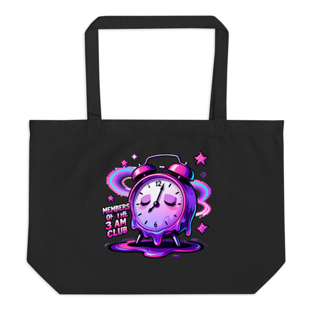 Black Organic Tote Bag | Members of the 3 AM Club Alarm Clock Design