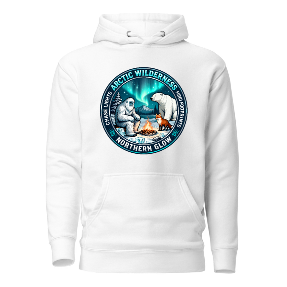 Arctic Wilderness Northern Glow Unisex Hoodie | Polar Bear, Yeti & Fox Campfire Design