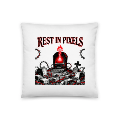 Rest in Pixels - 18"x18" Basic Pillow with Vintage Computer Graveyard Design