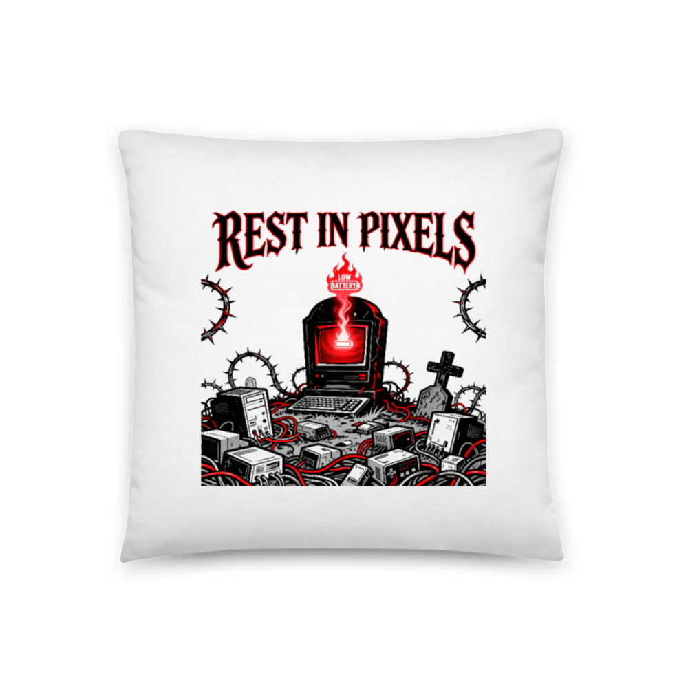 Rest in Pixels - 18"x18" Basic Pillow with Vintage Computer Graveyard Design