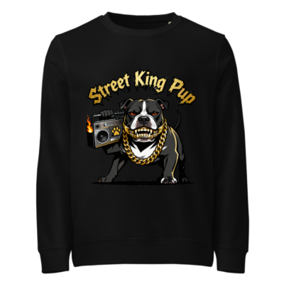 Street King Pup Organic Sweatshirt | Unisex Boogie Dog with Gold Chain & Boombox