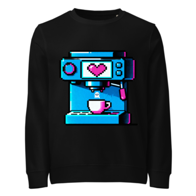 Pixel Heart Coffee Machine Unisex Organic Sweatshirt - Blue/Pink Retro Design