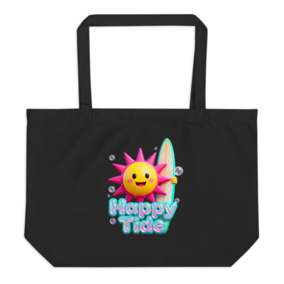 Organic Tote Bag | Large Black Happy Tide Surf Sun Design