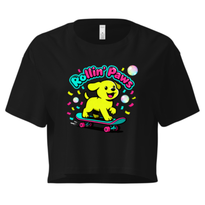 Women's Rollin' Paws Crop Top - Neon Yellow Puppy Skateboard Graphic Tee