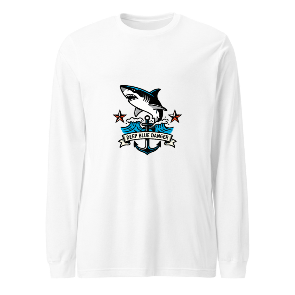 Deep Blue Danger Shark Anchor Long Sleeve Tee - Unisex Nautical Shirt