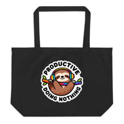 Organic Tote Bag, Large Black Eco-Friendly Canvas Tote with Sloth 'Productive Doing Nothing' Design