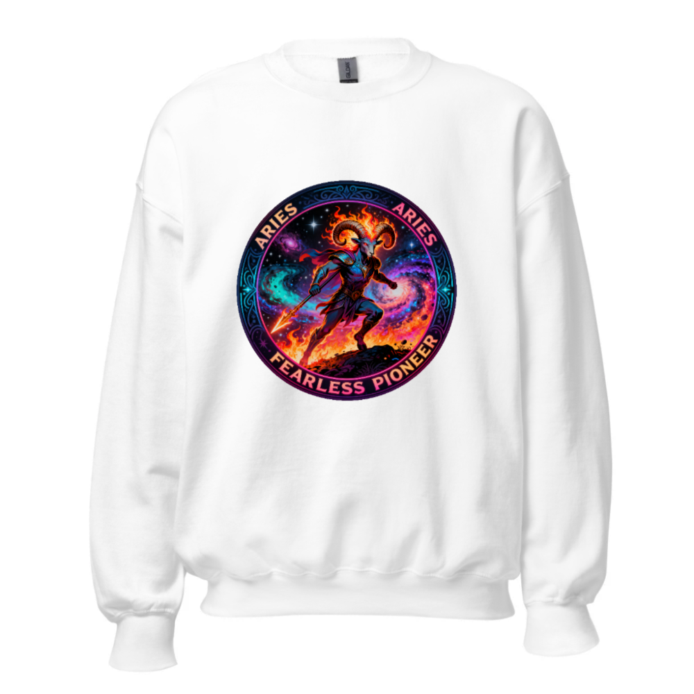 Aries Fearless Pioneer Unisex Crew Neck Sweatshirt | Cosmic Ram Warrior Design
