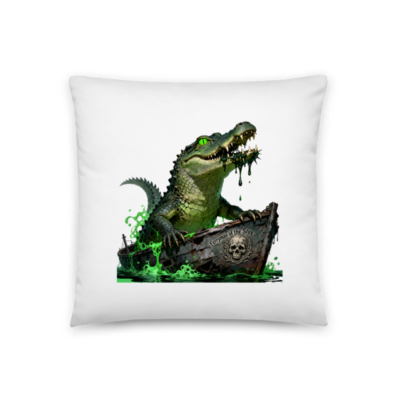 Gator Pirate Pillow - 18" x 18" Crocodile in Boat, Green Eyes, Skull & 'Ferryman of the Styx' Design