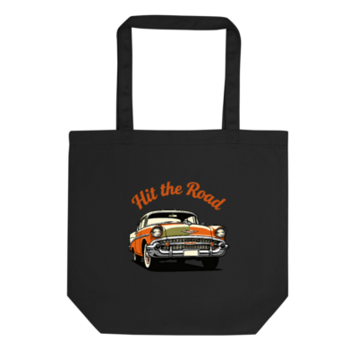 Eco Black Tote Bag | Hit the Road Vintage Car Design - Sustainable Canvas Tote