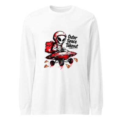 Outer Space Takeout Alien Long Sleeve Tee - Unisex Red UFO Pizza Delivery