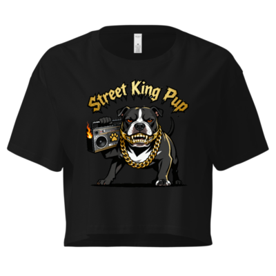 Street King Pup Women's Crop Top - Black Boxy Tee with Boombox & Gold Chain Dog Graphic