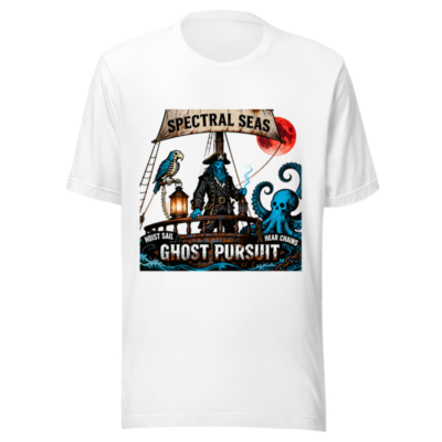 Spectral Seas Ghost Pursuit Unisex T-Shirt | Blue Pirate & Octopus Design