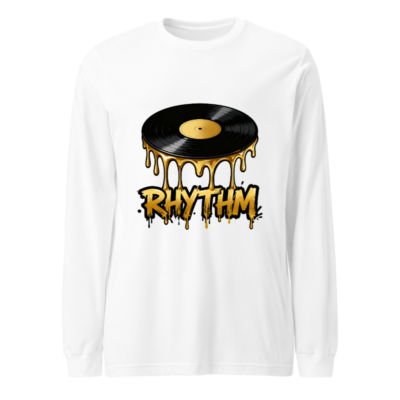 Rhythm Vinyl Record Long Sleeve Tee - Unisex Black & Gold Dripping Design