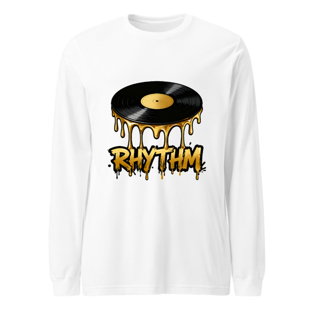 Rhythm Vinyl Record Long Sleeve Tee - Unisex Black & Gold Dripping Design