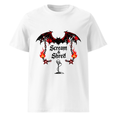 Scream & Shred Bat T-Shirt - Unisex Organic Cotton Tee with Gothic Skull & Flames Design