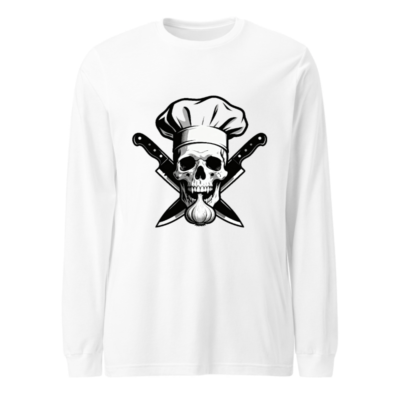 Chef Skull Long Sleeve Tee - Crossed Knives & Garlic Design
