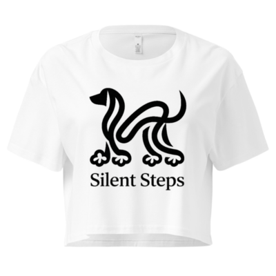 Women's Crop Top with Silent Steps Dog Graphic - Soft White T-Shirt