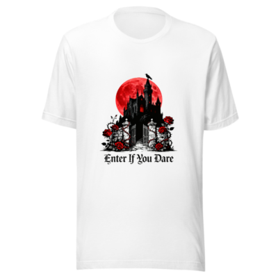 Unisex Staple T-Shirt - Gothic Castle with Blood Moon & Roses, 'Enter If You Dare' Design