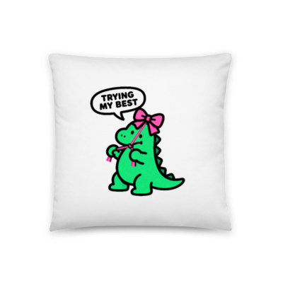 Green Dino Pillow 18"x18" - Trying My Best, Pink Bow, Cute Cartoon Decor