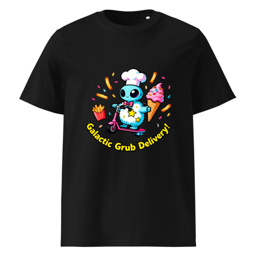 Unisex Organic Cotton T-Shirt | Galactic Grub Delivery Alien Chef Scooter Design
