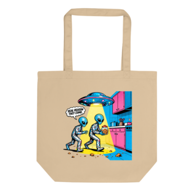 Eco Oyster Tote Bag | Sustainable Cotton Tote with Alien Cookie Theft Art