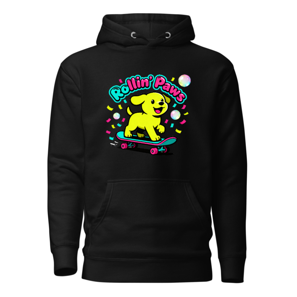 Unisex Premium Pullover Hoodie - Rollin' Paws Yellow Puppy Skateboard Design
