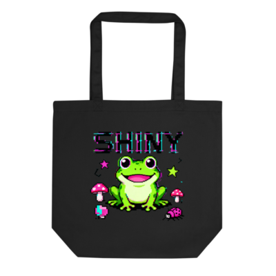 Eco Black Tote Bag with Pixel Frog Design | Sustainable Reusable Tote