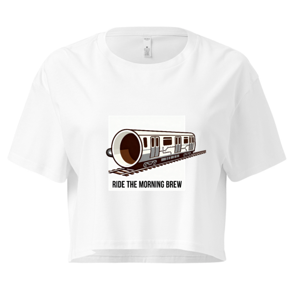 Women's Crop Top - Ride the Morning Brew Coffee Train Design, Short Sleeve