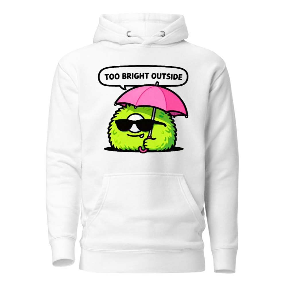 Unisex Premium Pullover Hoodie - 'Too Bright Outside' Green Monster with Pink Umbrella