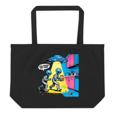 Funny Alien Cookie Theft Tote Bag – Large Organic Canvas Shopping Bag with Humor Design