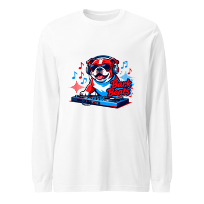 Bark Beats DJ Bulldog Unisex Long Sleeve Tee - Red White Blue Music Dog Shirt