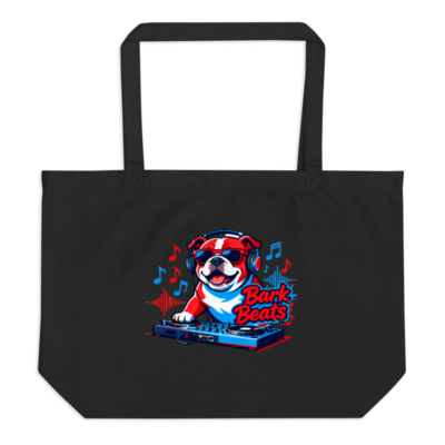 Bark Beats DJ Bulldog Organic Tote Bag - Large Black Eco-Friendly Canvas