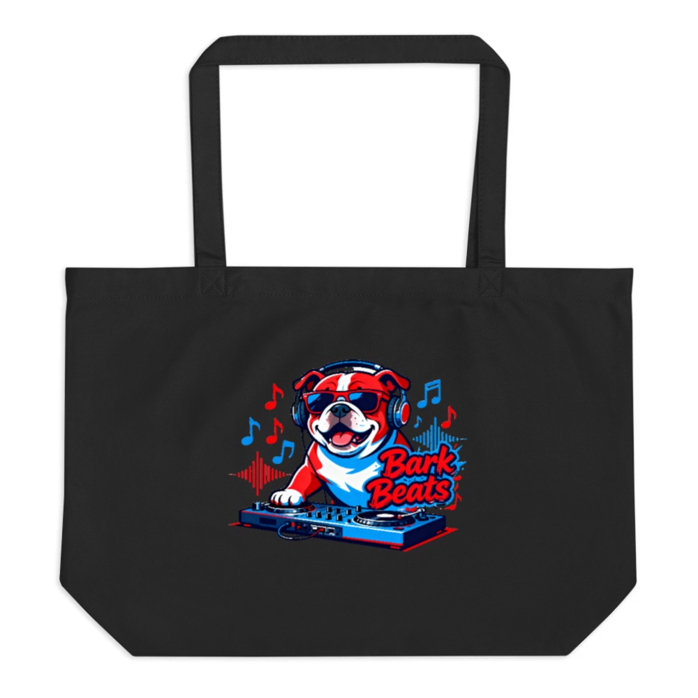Bark Beats DJ Bulldog Organic Tote Bag - Large Black Eco-Friendly Canvas