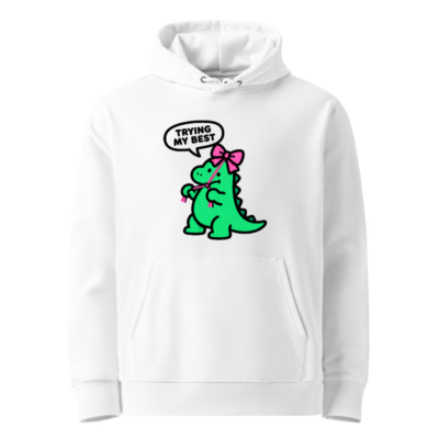 Unisex Eco Hoodie - Green Dino with Pink Bow, 'Trying My Best' | Sustainable & Comfortable