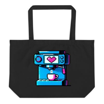 Pixel Art Coffee Machine Tote Bag | Large Organic Black Tote