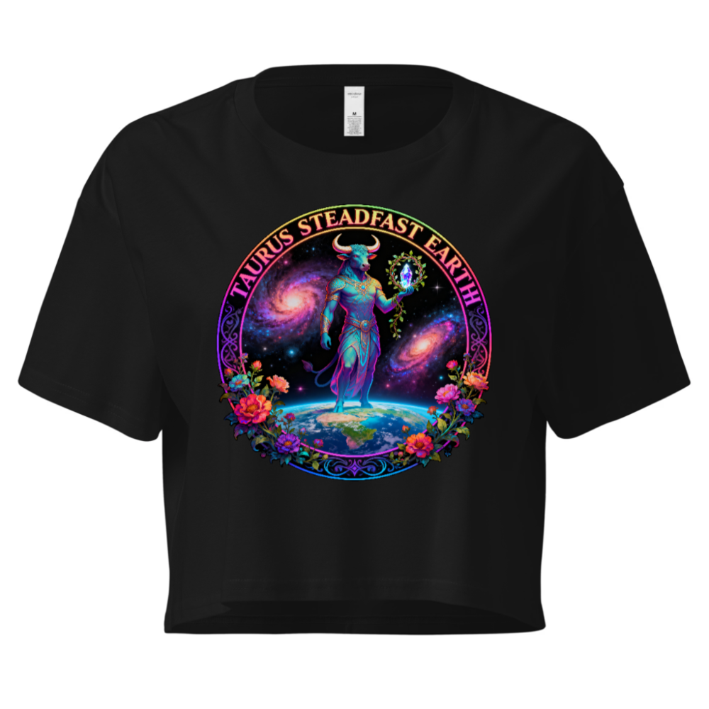 Taurus Steadfast Earth Women's Crop Top - Cosmic Bull on Globe with Floral Circle