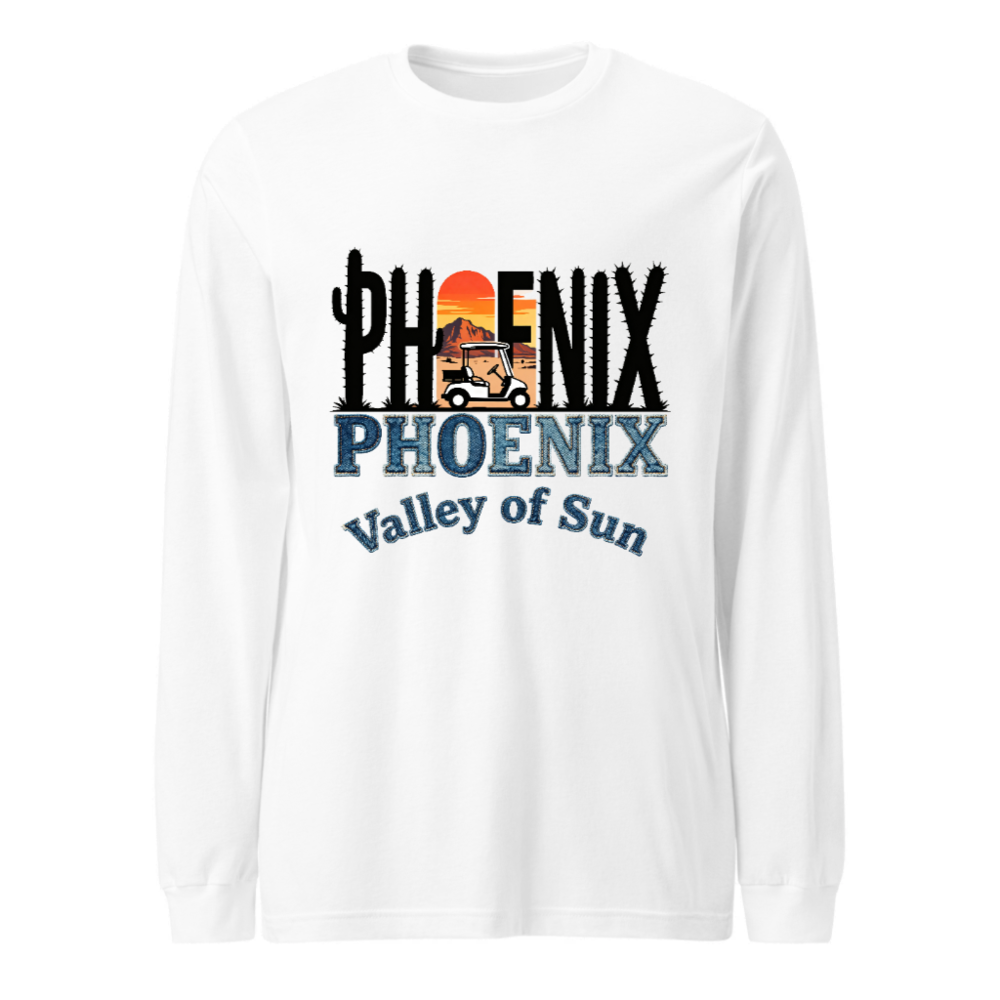 Phoenix Valley of Sun Unisex Long Sleeve Tee - Cactus Sunset Golf Cart Design