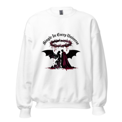 Unisex Crew Neck Sweatshirt - Single In Every Universe with Crown of Thorns & Winged Silhouette Design