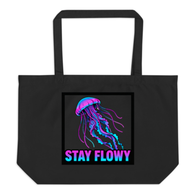 Organic Tote Bag - Large Black with Neon Jellyfish 'Stay Flowy' Design