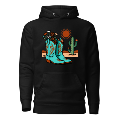 Unisex Premium Pullover Hoodie - Blue Cowboy Boots with Desert Cactus & Flowers Design