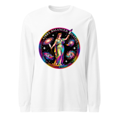 Unisex Libra Balanced Justice Long Sleeve Tee - Cosmic Scales Goddess Design