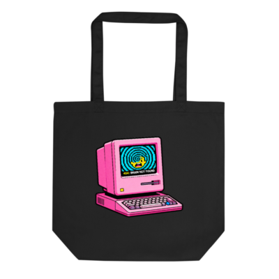 Eco Black Tote Bag | Pink Vintage Computer Design, 404 Brain Not Found
