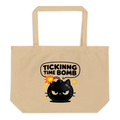 Organic Tote Bag - Tickinng Time Bomb Cat Design, Large Eco-Friendly Canvas Tote