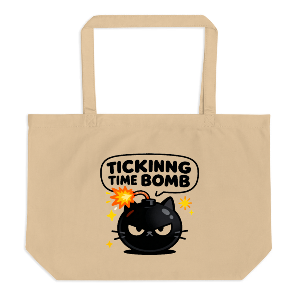 Organic Tote Bag - Tickinng Time Bomb Cat Design, Large Eco-Friendly Canvas Tote
