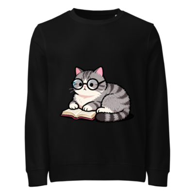 Unisex Organic Sweatshirt with Cute Cat Reading Book Design