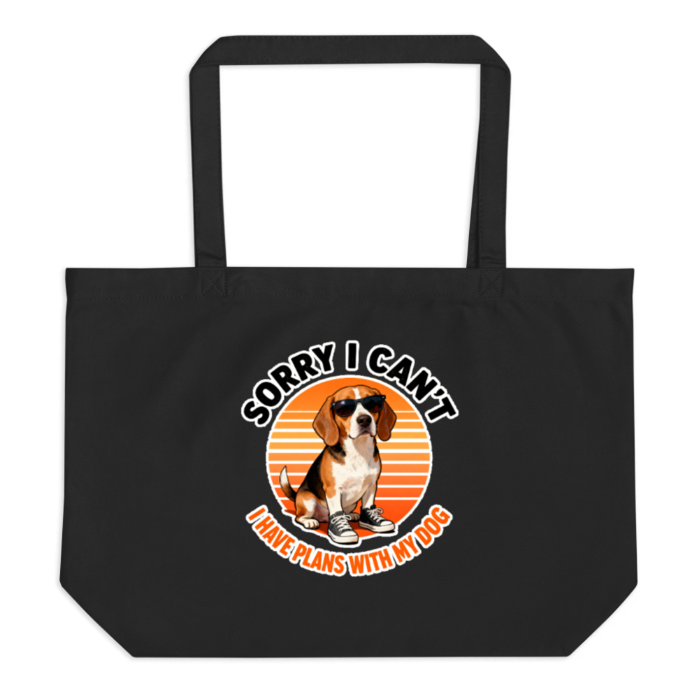 Large Black Organic Tote Bag | Beagle with Sunglasses & Sneakers, 'Sorry I Can't' Design